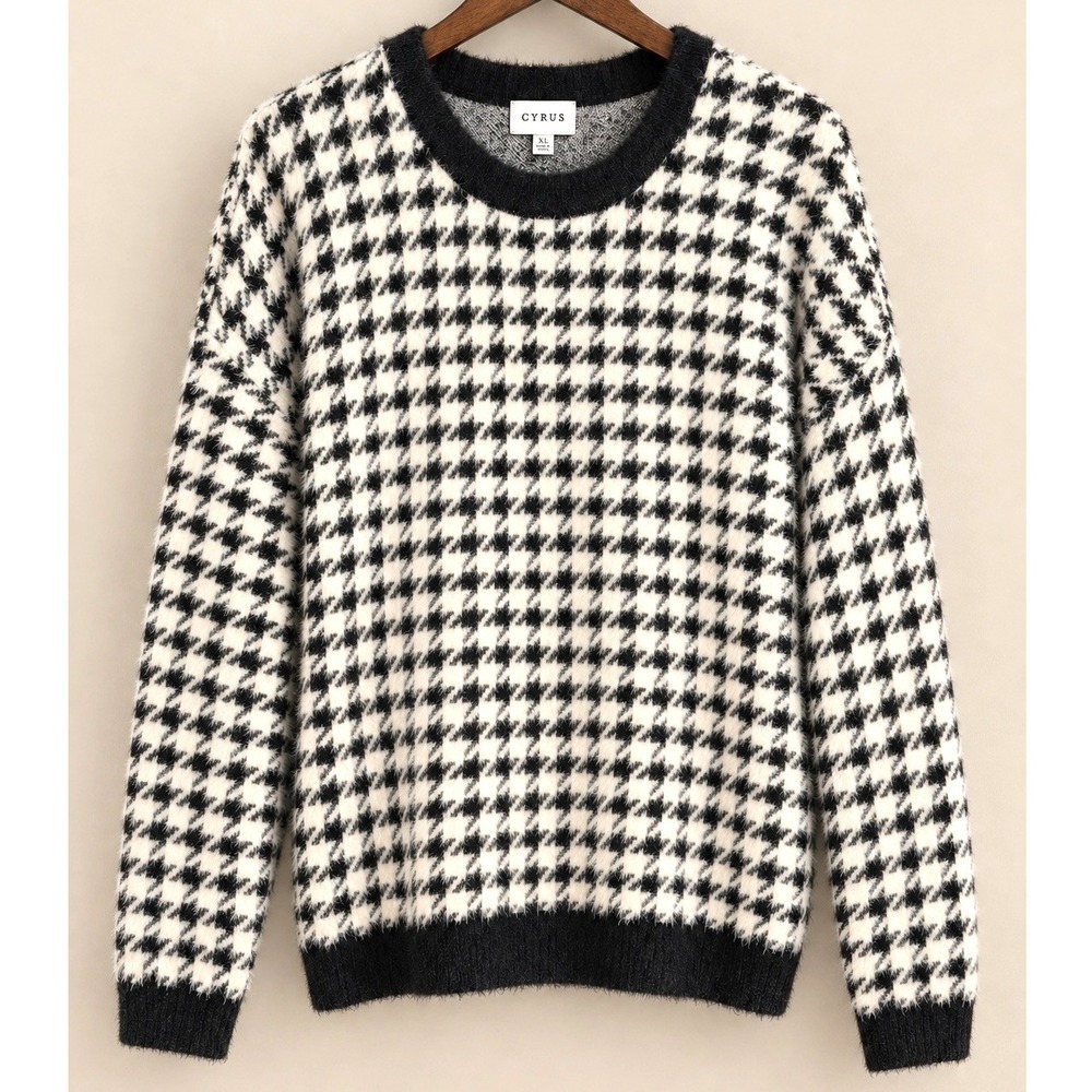 Houndstooth Fuzzy Knit Sweater Women XL Black Ivory Rockabilly Preppy 90s Grunge